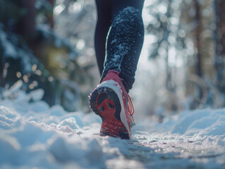 Woman's legs, clad in sports shoes, jogging in the snow from a rear perspective.