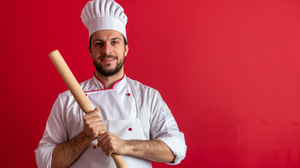 Portrait of a Chef wearing a white apron and holding a rolling pin on a Red Studio Background.
