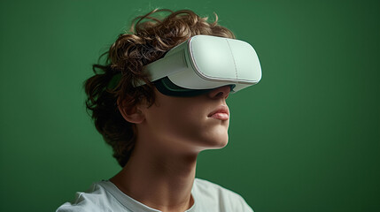 Side profile of a young adult wearing a virtual reality headset against a green background, immersed in a VR experience with a focused expression. - 783055960