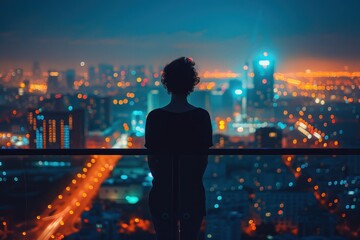A woman stands on a balcony overlooking a city at night