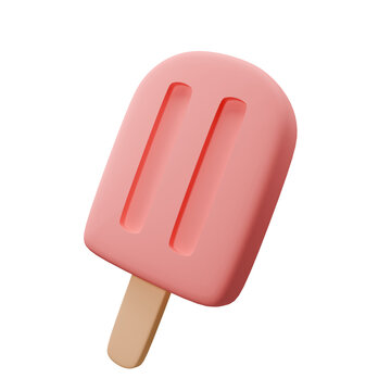 3D ice cream icon. Realistic illustration of a pink ice cream popsicle in a plastic cartoon style isolated on a white background.