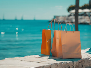 Closeup of two shopping bags in a serene seaside shopping area.