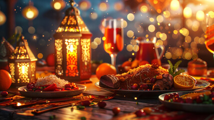 Ramanad concept, iftar, table with arabic lantern lamps, water, dates and delicious arabic food....