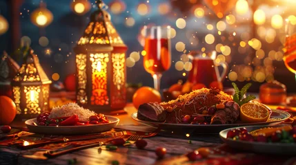 Afwasbaar fotobehang Ramanad concept, iftar, table with arabic lantern lamps, water, dates and delicious arabic food. Generative AI © AngrySun