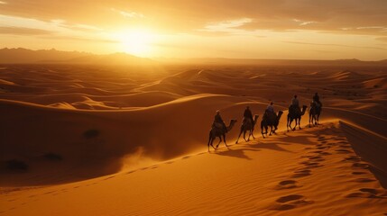 Fototapeta na wymiar In the golden glow of sunset, camels plod steadily across the desert, guided by skilled cameleers who navigate the shifting dunes with ease.