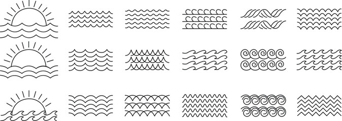 Set of Bundled wave icons in flat styles. Wave illustration signs can be used for web, mobile app. Ocean symbol. Water sea element, Ocean liquid curve flowing swirl storm on transparent background.