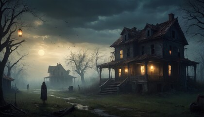 Fototapeta premium A mysterious abandoned manor bathed in twilight, with fog swirling around, sets a perfect scene for storytelling and themes of abandonment and the supernatural.. AI Generation