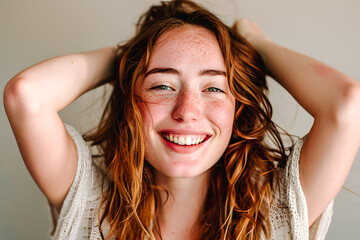 Jeune femme souriante et naturelle avec longs cheveux  brun roux - obrazy, fototapety, plakaty