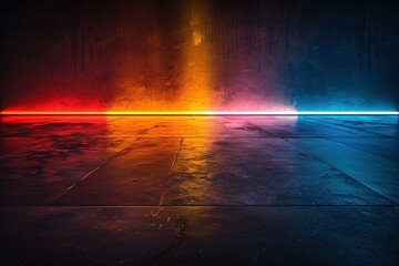 Vivid light beams, one displaying a blue to green gradient, the other showcasing an orange to red transition, intersect in a dazzling white core, creating a minimalist composition on deep black - obrazy, fototapety, plakaty