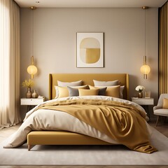 Bedroom in light beige color - ivory or pale yellow mustard with an ochre bed. Vertical mockup for art. Modern room interior design. Luxury bedding home or hotel. Accent color and lamp. 3d rendering