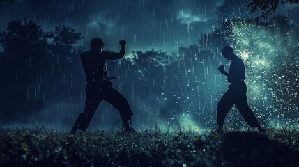 Silhouette of two men fighting in the rain