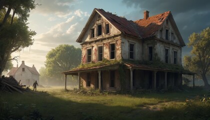 The sun casts a warm glow on an abandoned house, surrounded by overgrowth and a tranquil atmosphere.. AI Generation - obrazy, fototapety, plakaty