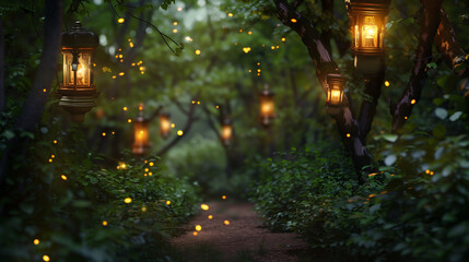 The forest path was lit by a series of lanterns. - obrazy, fototapety, plakaty