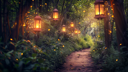 The forest path was lit by a series of lanterns.