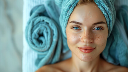 Portrait of a relaxed young woman with a facial mask and a towel wrapped around her head, lying on a spa bed, showcasing a skincare routine. - 783056713
