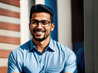 Obraz premium A smiling man wearing glasses standing in front of a window.
