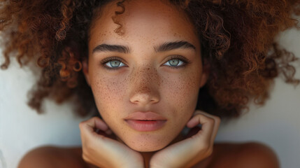 Close-up portrait of a young woman with curly hair and freckles, looking at the camera with a gentle gaze, hands resting on her chin, isolated on a light background. - 783056798