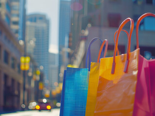 Closeup shot capturing two vibrant shopping bags in a diverse cityscape.