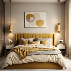 Bedroom in light beige color - ivory or pale yellow mustard with an ochre bed. Vertical mockup for art. Modern room interior design. Luxury bedding home or hotel. Accent color and lamp. 3d rendering