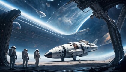 A group of astronauts in white suits stands before a futuristic spaceship docked in a massive space station hangar, with a stunning cosmic vista in the background. AI Generation - obrazy, fototapety, plakaty
