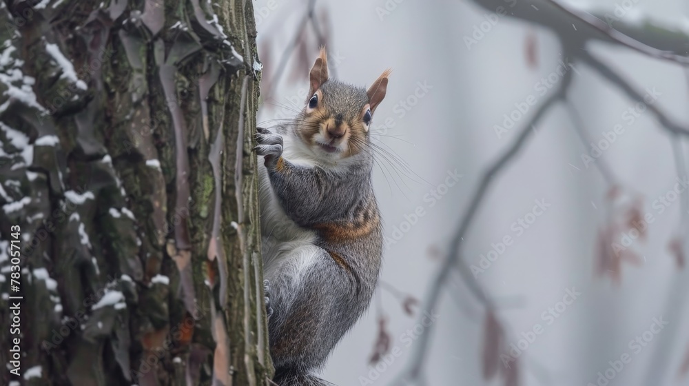 Wall mural In the misty morning, a grey squirrel scampers up a wet tree, its keen eyes searching for breakfast among the glistening branches.