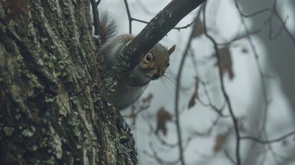 In the misty morning, a grey squirrel scampers up a wet tree, its keen eyes searching for breakfast among the glistening branches.