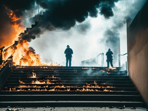 A group of people standing on a staircase, surrounded by smoke and flames.