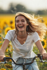 Obraz premium A beaming woman with flowing hair cycles amid sunflowers in the golden evening light