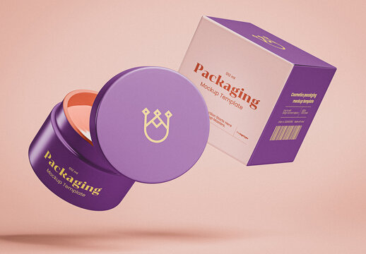 Floating Opened Cosmetic Jar with Box Mockup