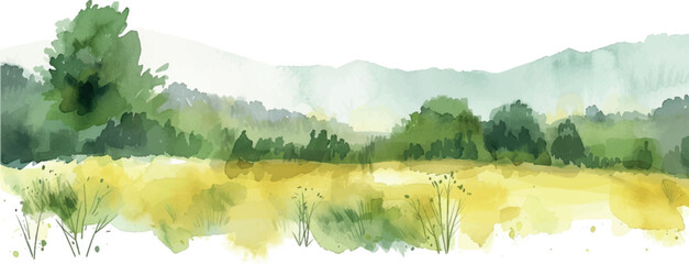 watercolor isolated background landscape with mountains and grass