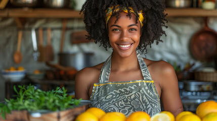 Portrait of a cheerful young woman with curly hair and a floral headband, wearing an apron in a rustic kitchen setting, surrounded by fresh produce. - 783057512