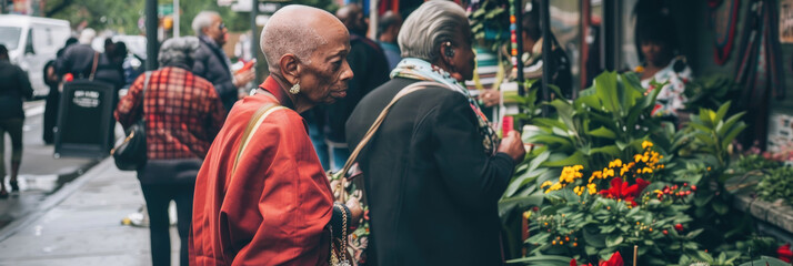 Elderly man and woman examine plants at a bustling street market - Powered by Adobe