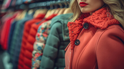 Elegant woman in a red coat and scarf browsing through a selection of colorful jackets on a clothing rack in a boutique store. - 783057725