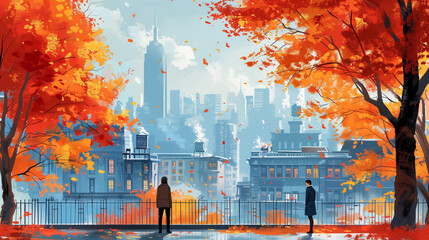 Associates two people in autumn city, silhouette built structure season orange color yellow