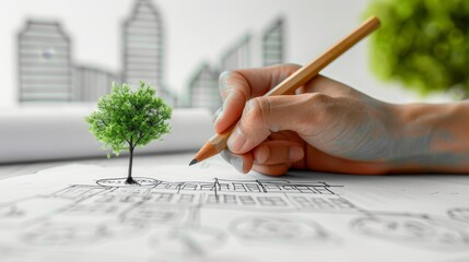 Sustainable city sketch with eco buildings and tree, symbolizing urban planning and conservation