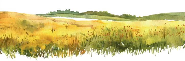 Schilderijen op glas Geschilderde Bloemen watercolor background landscape with grass and flowers  © Iryna