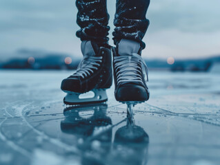 A closeup of the feets of an ice skater laced up and ready for a spin in a frozen hall, embodying the magic of winter sports.