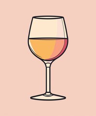 Illustration Drawing of a Glass of White Wine Against Pastel Pink Background, Minimal Vector Icon with Space for Text