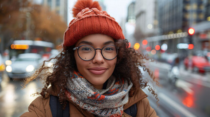 Portrait of a smiling young woman with curly hair wearing glasses, a knitted hat, and a scarf on a bustling city street with blurred traffic lights in the background. - 783058308