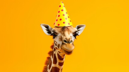Funny giraffe with party hat and sunglasses isolated on yellow background - obrazy, fototapety, plakaty
