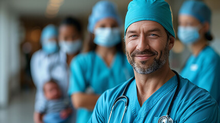 Confident male surgeon with a stethoscope, wearing a mask and scrubs, stands in focus with a team of blurred healthcare professionals in the background. - 783058393