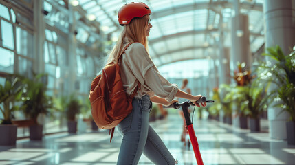 Young woman with a helmet riding an electric scooter indoors, with a modern architectural glass background. She carries a backpack and is dressed casually - 783058394