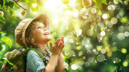 A child in a hat gazes upward, smiling at sunlight filtering through apple trees