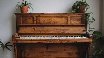 Vintage wooden upright piano with open keyboard in a cozy room, flanked by potted green plants on a neutral wall background, conveying a sense of music, art, and home interior. - 783058588