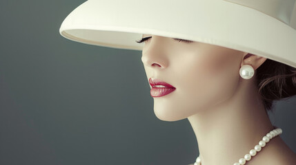A woman elegantly wearing a white hat and pearls