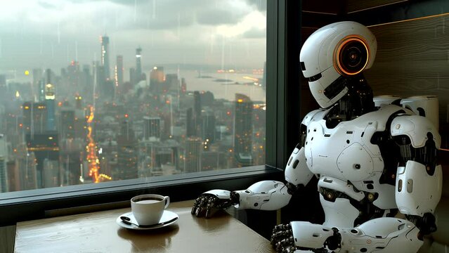 Robot enjoying hot coffee with cityscape view. seamless looping 4k time-lapse video background