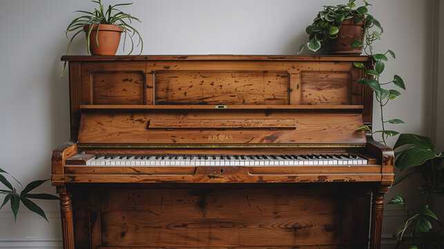 Vintage wooden upright piano with open keyboard in a cozy room, flanked by potted green plants on a neutral wall background, conveying a sense of music, art, and home interior.