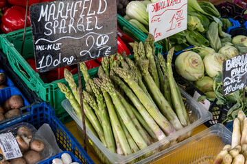 Vienna, Austria Asparagus and Euro prices in the  Naschmarkt outdoor market.