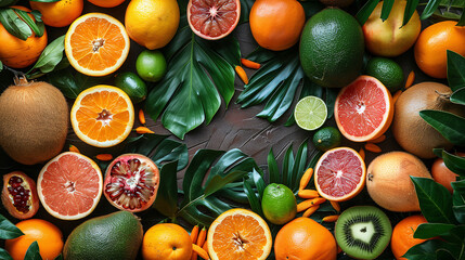 Vibrant top view of assorted fresh citrus fruits with green leaves on a wooden background, featuring oranges, lemons, limes, grapefruits, and kiwis, ideal for healthy lifestyle themes.