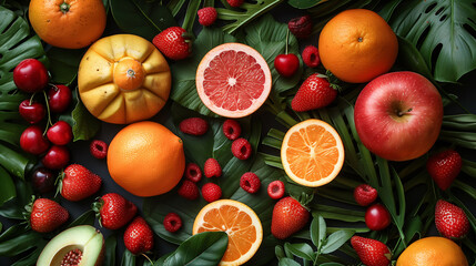 Top view of a vibrant assortment of fresh fruits including oranges, grapefruit, apple, and berries, artistically arranged on a backdrop of lush green tropical leaves. - 783058950